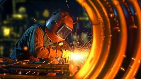 Digital visualization for Industry 4.0: Heavy Industry Welder Working, Welding Inside Pipe. NLG Natural Gas and Fuels Transport Pipeline Construction. Concept for Clean Green Power and Energy. GENERATE AIの素材