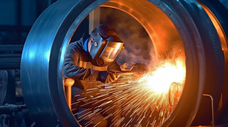 Digital visualization for Industry 4.0: Heavy Industry Welder Working, Welding Inside Pipe. NLG Natural Gas and Fuels Transport Pipeline Construction. Concept for Clean Green Power and Energy. GENERATE AIの素材