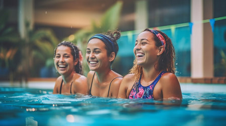 A portrait shot of a swimming team, ladies who are enthusiastic about fitness and sports, and an athlete having fun and laughing in the water while working out. female swimmer, happiness, friends, and trust with water sports and fitness. GENERATE AIの素材