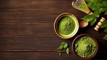 a traditional Japanese product. Matcha green tea is arranged in a bowl and sprinkled against a background of dark wood. GENERATE AIの素材