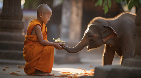 Monk alms round with young elephant. GENERATE AIの素材