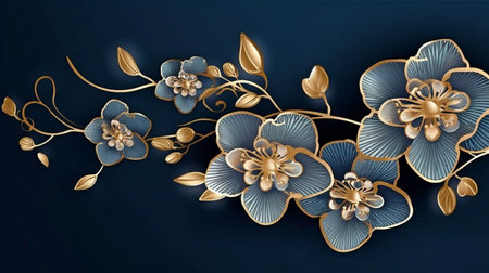 Elegant dark blue backdrop with an ornate golden line pattern. For wallpaper, banners, posters, invitations, and packaging design, orchid blooms are drawn in line. Image in vector format.  GENERATE AIの素材