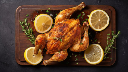 Closeup of a homemade chicken rotisserie with lemon and thyme on a slate board at a dining table. from above, a horizontal top perspective. GENERATE AIの素材