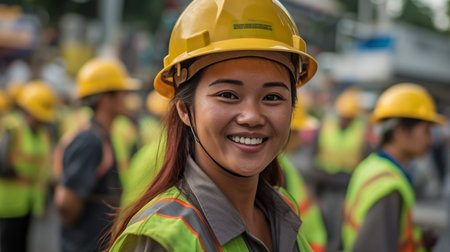 photographs of a smiling woman working on a road. GENERATE AIの素材