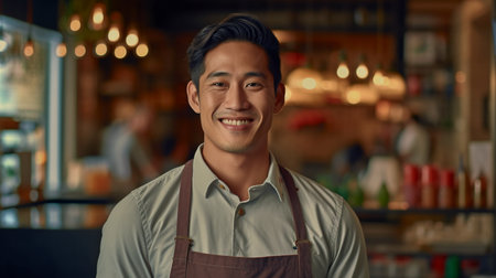 A dedicated restaurant manager with short, curly hair and a friendly grin. GENERATE AIの素材