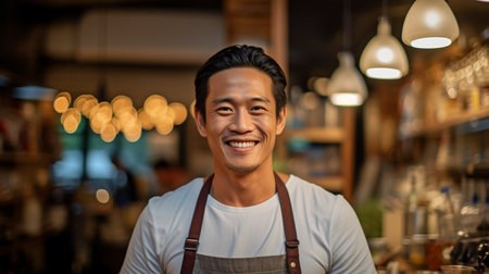 A dedicated restaurant manager with short, curly hair and a friendly grin. GENERATE AIの素材