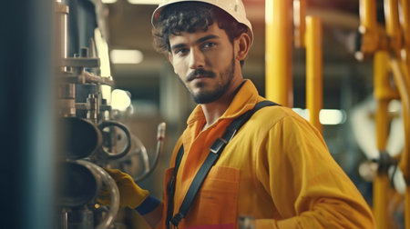 Young Latino engineer of Hispanic descent working in a major manufacturing facility. Workers in the factory manage the water, gas, and oil pipes. GENERATE AIの素材