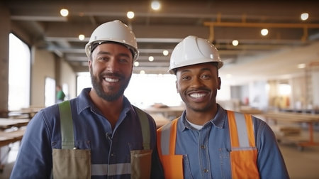 Construction workers in a new building grinning happily for the camera. GENERATE AIの素材