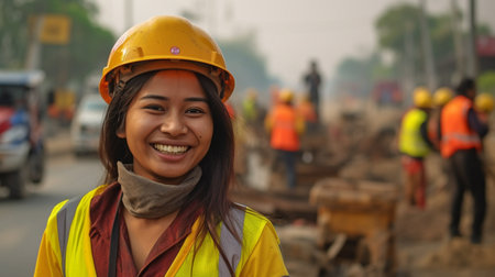 photographs of a smiling woman working on a road. GENERATE AIの素材
