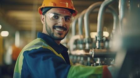 Young Latino engineer of Hispanic descent working in a major manufacturing facility. Workers in the factory manage the water, gas, and oil pipes. GENERATE AIの素材