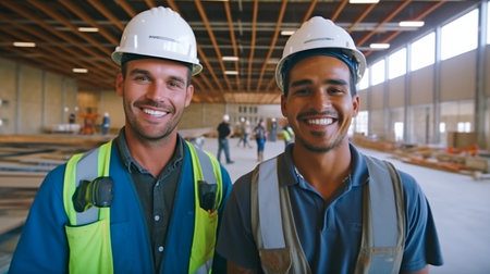 Construction workers in a new building grinning happily for the camera. GENERATE AIの素材