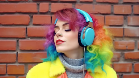 Emotional elegant lady singing on rainbow graffiti on a brick wall background while wearing wireless headphones and wearing colorful clothing. trendy hipster way of life. GENERATE AIの素材