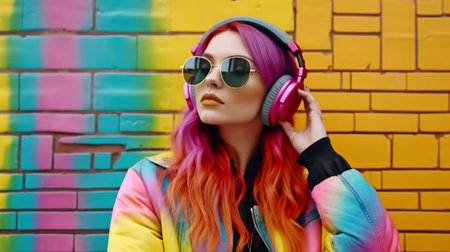 Emotional elegant lady singing on rainbow graffiti on a brick wall background while wearing wireless headphones and wearing colorful clothing. trendy hipster way of life. GENERATE AIの素材