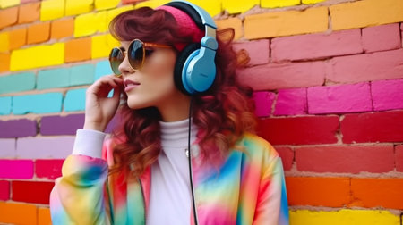 Emotional elegant lady singing on rainbow graffiti on a brick wall background while wearing wireless headphones and wearing colorful clothing. trendy hipster way of life. GENERATE AIの素材