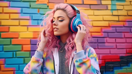 Emotional elegant lady singing on rainbow graffiti on a brick wall background while wearing wireless headphones and wearing colorful clothing. trendy hipster way of life. GENERATE AIの素材