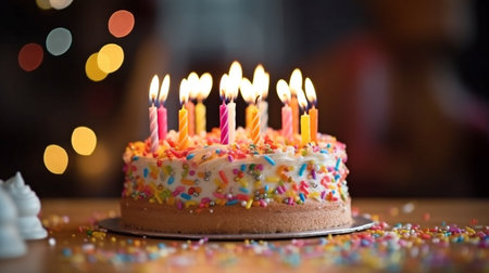 Birthday cake with 10 candles and multicolored sprinkles.  GENERATE AIの素材