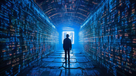 Man entering a code-lit tunnel with artificial intelligence. GENERATE AIの素材