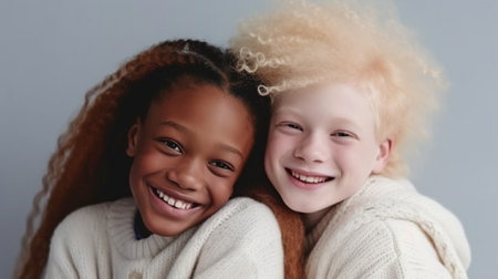 Portrait of various black and albino children with radiant smiles, sensitive feelings for one another, and individuals with odd complexion and hair colors. GENERATE AIの素材