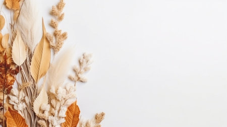 a white backdrop with some dried plants glued on it to improve the aesthetics of the top aspect of the pape.  GENERATE AIの素材