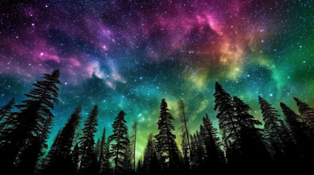 Deep space shines iridescently in the night sky. GENERATE AIの素材