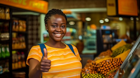 Store employee who is female and African smiles and gives the thumbs up. GENERATE AIの素材