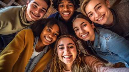 young individuals of various races standing in a circle, grinning at the camera. GENERATE AIの素材
