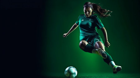 Running soccer and football players at a stadium during a game, cropped. concept of sport, rivalry, and objectives. Ad poster and collage. crowd impact at a stadium. GENERATE AIの素材