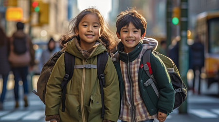 Two happy Asian children strolling down a New York street with a school backpack and gazing at the camera. GENERATE AIの素材