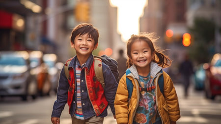 Two happy Asian children strolling down a New York street with a school backpack and gazing at the camera. GENERATE AIの素材