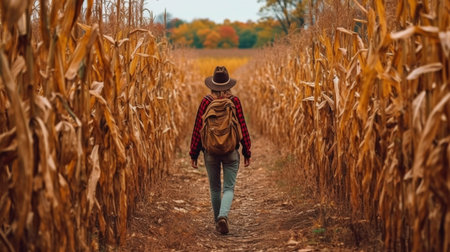 a person walking across a cornfield on a fall trek. To stay warm and blend in, they are dressed in the ideal fall attire. GENERATE AIの素材