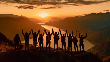 On a mountaintop against the setting sun, a large group of people are having fun while striking a victory position with their arms up. Adventure, excursion, or travel-related idea.  GENERATE AIの素材