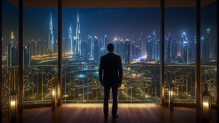 Suit-clad, self-assured businessman considering a business deal while gazing out the window at his office. Window Has a Panoramic View of the Business District of a Big City. GENERATE AIの素材