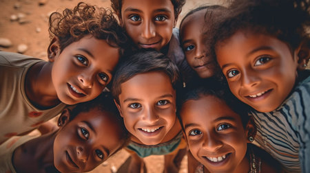 A group of kids are focusing downward on the camera. GENERATE AIの素材