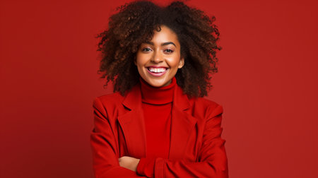 Black woman smiling and staring at camera while wearing red suit against red background. GENERATE AIの素材