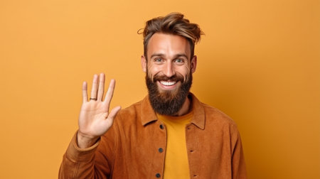 A young man with a beard is counting down while displaying the number one or first and smiling and seeming nice. GENERATE AIの素材