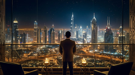 Suit-clad, self-assured businessman considering a business deal while gazing out the window at his office. Window Has a Panoramic View of the Business District of a Big City. GENERATE AIの素材