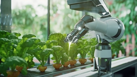 vegetable irrigation via a robot arm Smart Farming using Hydroponics. GENERATE AIの素材