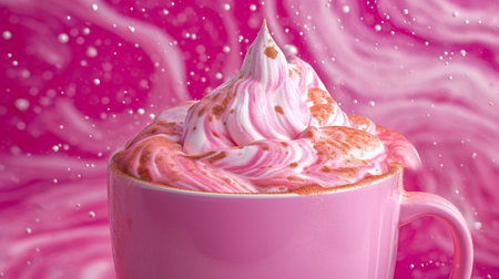 Whip cream, photorealism, pink coffee, bright pink cafe latte, coffee vibes, pink drink. GENERATE AIの素材