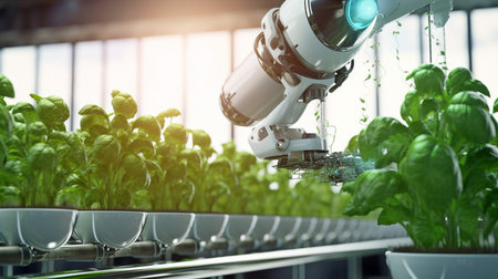 vegetable irrigation via a robot arm Smart Farming using Hydroponics. GENERATE AIの素材