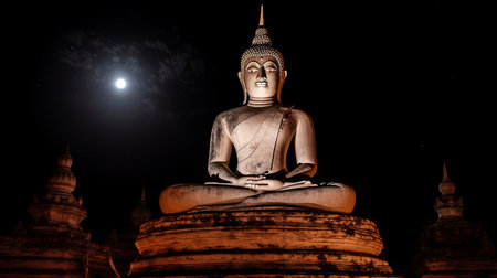 The largest and oldest Buddha statue is located in an ancient temple in Ayutthaya, Thailand, with a large full moon rising over a gloomy night. GENERATE AIの素材