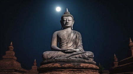 The largest and oldest Buddha statue is located in an ancient temple in Ayutthaya, Thailand, with a large full moon rising over a gloomy night. GENERATE AIの素材