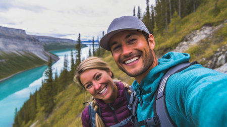 hiking travel selfie by a joyful couple. GENERATE AIの素材