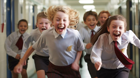 students racing through the school hallway. GENERATE AIの素材