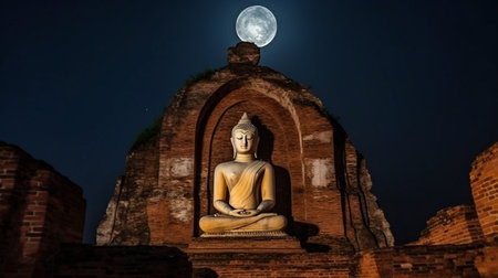 The largest and oldest Buddha statue is located in an ancient temple in Ayutthaya, Thailand, with a large full moon rising over a gloomy night. GENERATE AIの素材