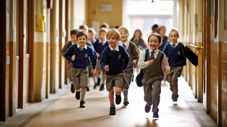 students racing through the school hallway. GENERATE AIの素材