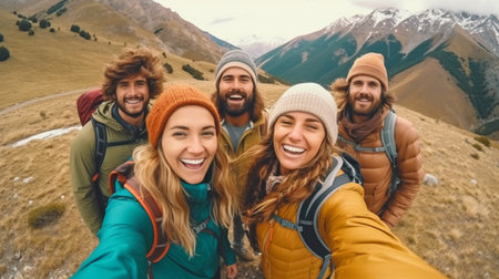 Four hikers with backpacks take a selfie while walking across the mountains. GENERATE AIの素材