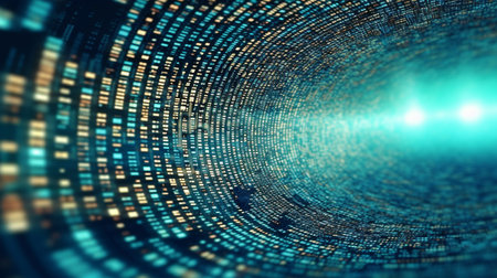 Binary code moving through a vortex in the backdrop with depth of field is a common technology background. lens flares against a background of binary code. rendering in 3D. GENERATE AIの素材