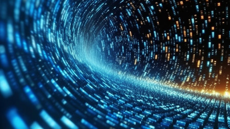 Binary code moving through a vortex in the backdrop with depth of field is a common technology background. lens flares against a background of binary code. rendering in 3D. GENERATE AIの素材