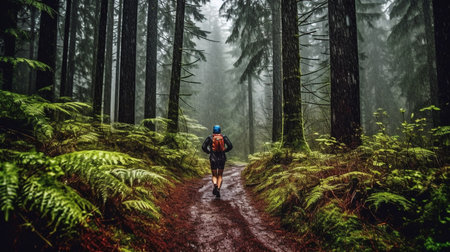 athlete running in the rain on a wooded route. GENERATE AIの素材