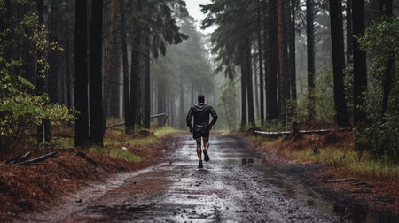athlete running in the rain on a wooded route. GENERATE AIの素材